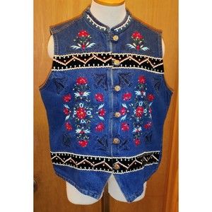 EUC SZ L Gordon James Denim Co. Women's Embroidered Denim Western Vest Jacket A2